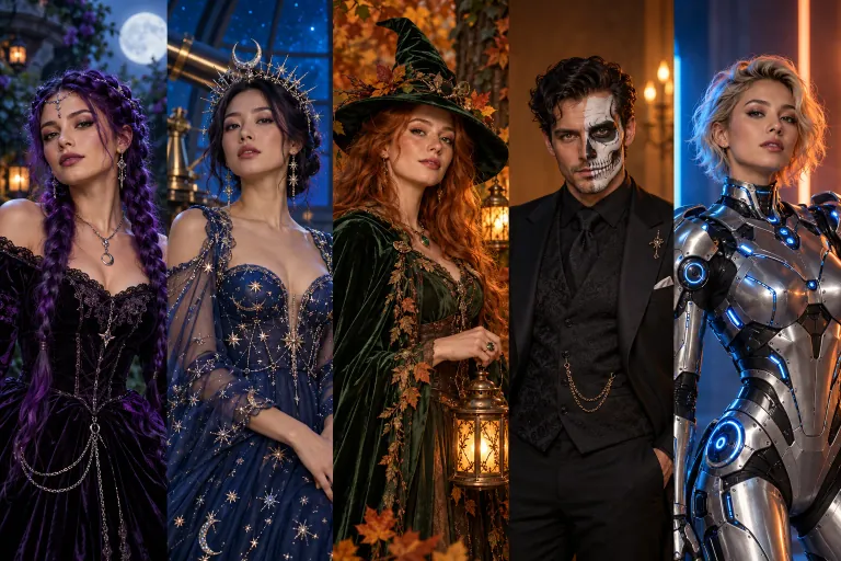 Five AI-created costume illustrations: violet braids, celestial princess, forest witch, skull makeup and silver robot armor